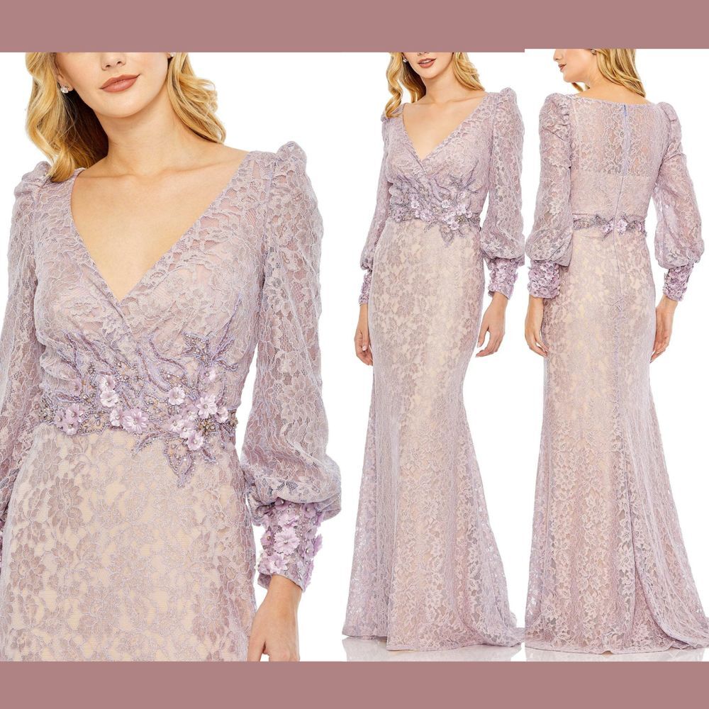 NWT $798 Mac Duggal [ 12 ] Lace Long Sleeve V Neck‎ Embellished Gown Lilac #Q949